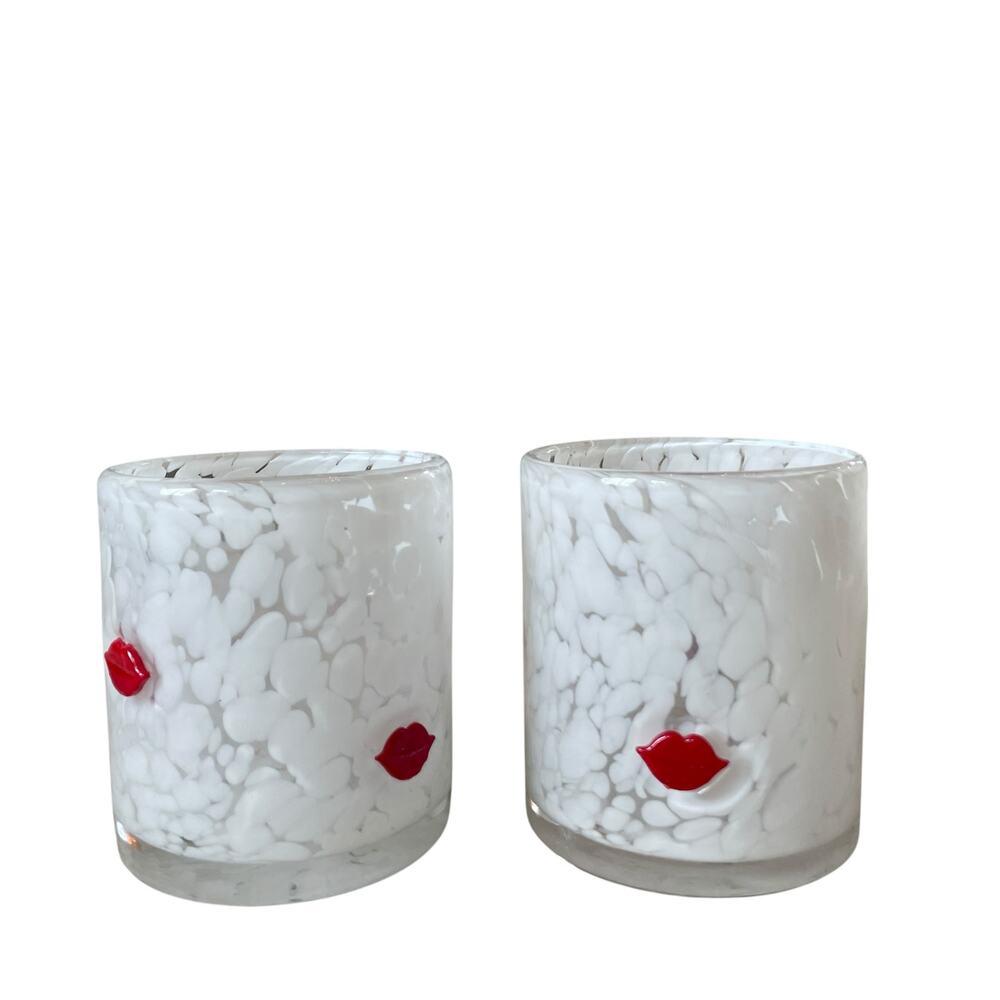Valentine RED LIP Inlay Double Old Fashioned Glasses 14oz Set of 2 White New
